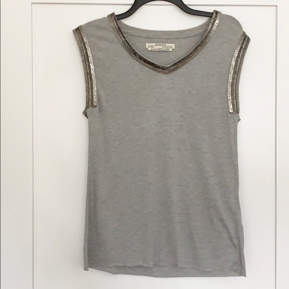 All Saints Size 2 Hand Embellished Grey Saxa Tee